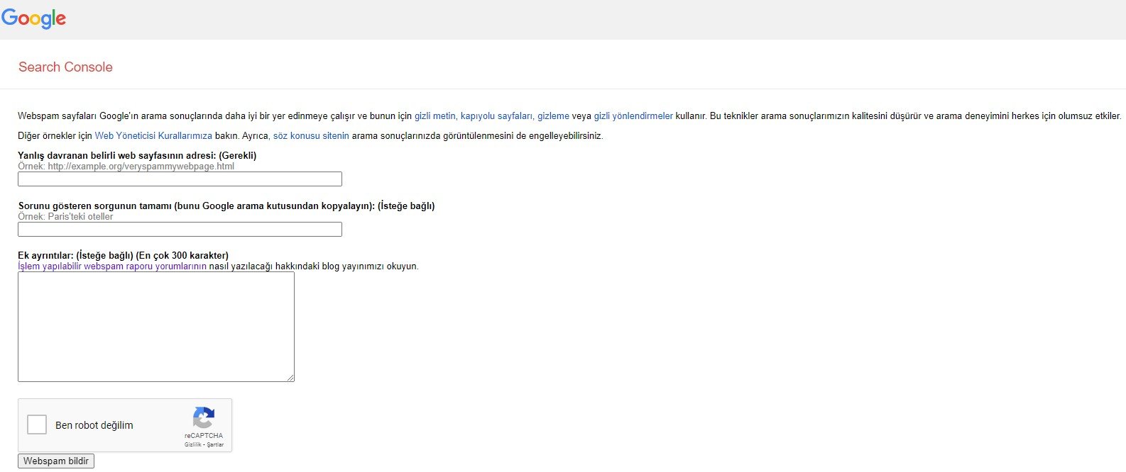 Google Spam Barındıran İçerik Şikayet Etme