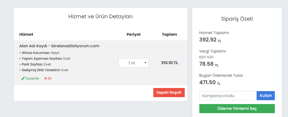 1 Yıllık Domain Ücreti